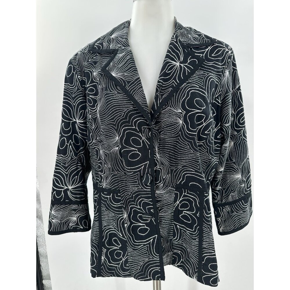 Chico's Blazer Jacket Black White Stitching Cotton 3/4 Sleeve Button Unlined 1